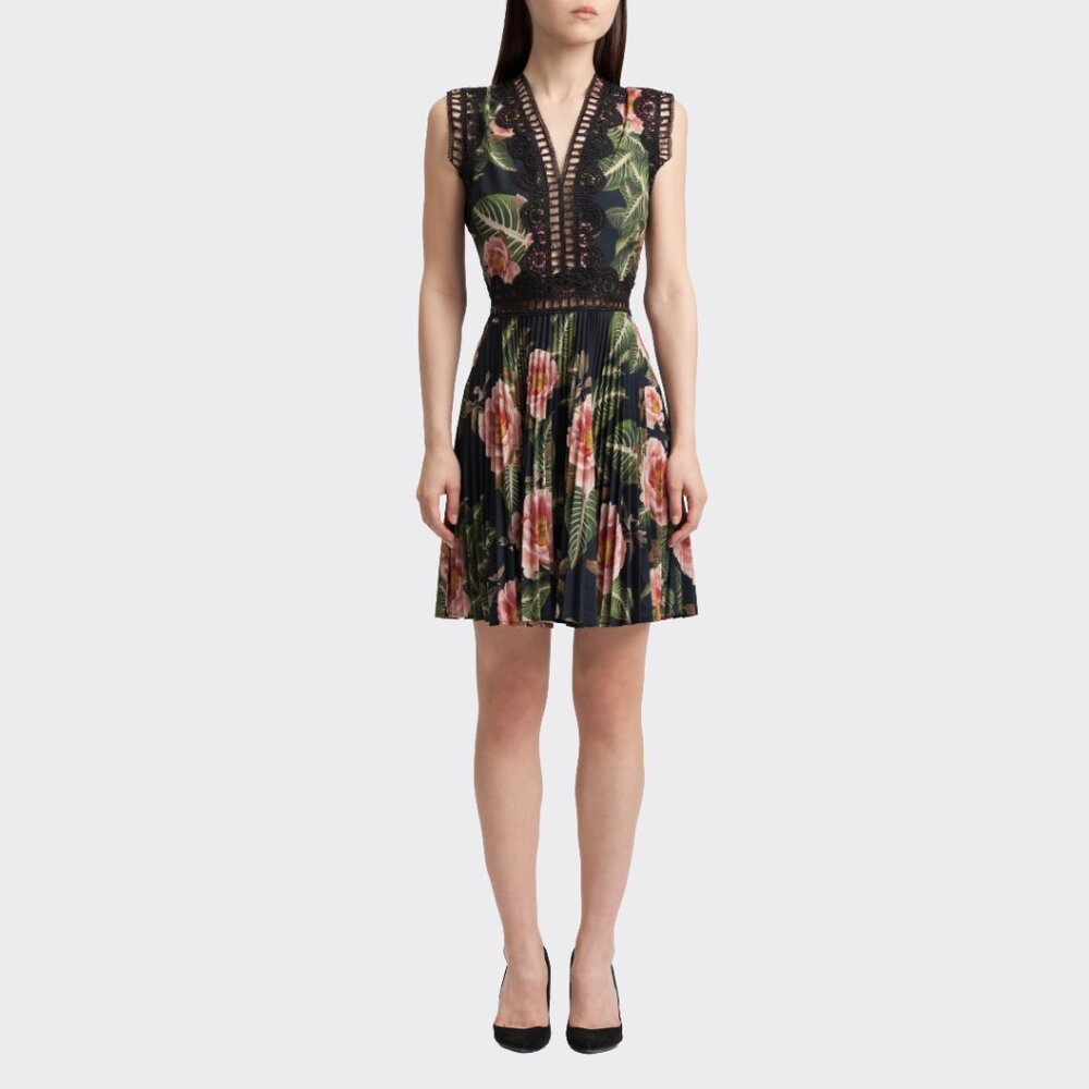 Delfi Collective Olivia Lace Inset Pleated Floral Mini Dress Garden‎ Party Glam